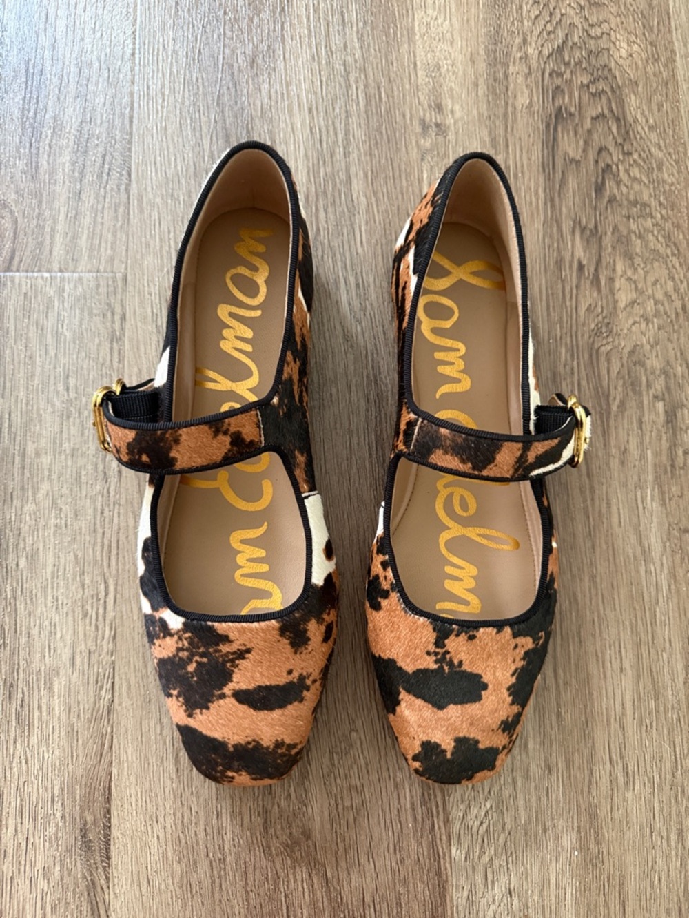 Sam Edelman Cowhide-Print Michaela Mary Janes in Brown, Black & Cream